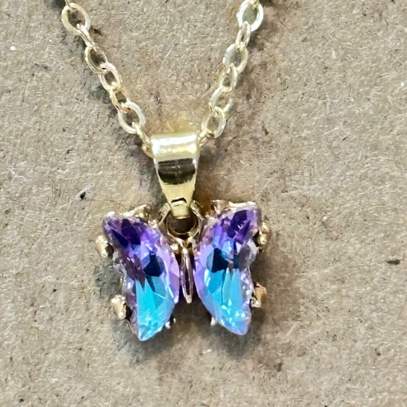 Gold Tone Mystic Glass Crystal Butterfly Pendant - Picture 2 of 16